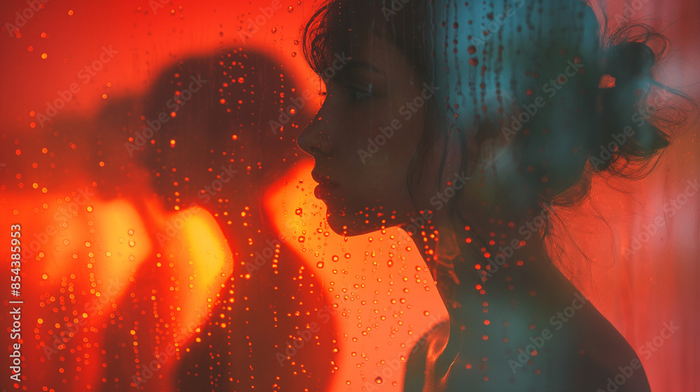 Wall mural A woman is standing in front of a window with raindrops on it. The woman is wearing a black dress and has her hair in a bun. The image has a moody and melancholic feel to it