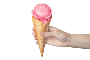 Woman's hand holding waffle cone with strawberry ice cream isolated on white background food