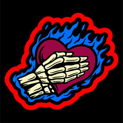 vector illustration artwork skeleton skull hand pray with fire love symbol. Can be used as Logo, Brands, Mascots, tshirt, sticker,patch and Tattoo design
