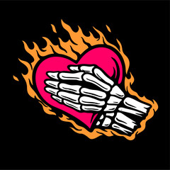 vector illustration artwork skeleton skull hand pray with fire love symbol. Can be used as Logo, Brands, Mascots, tshirt, sticker,patch and Tattoo design