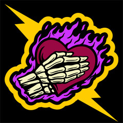 vector illustration artwork skeleton skull hand pray with fire love symbol. Can be used as Logo, Brands, Mascots, tshirt, sticker,patch and Tattoo design