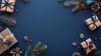 Festive Christmas Decorations and Wrapped Gifts on Dark Blue Background, Flat Lay with Pine Branches, Berries, and Polka Dot Ribbon Bow, Minimalistic Holiday Theme with Empty Space