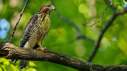 Majestic Hawk Perched on Tree Branch: Detailed Feathers, Keen Gaze 