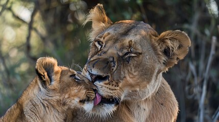 Obraz premium Capturing the Tender Bond: Lioness Licking Her Cub in a Heartwarming Moment 