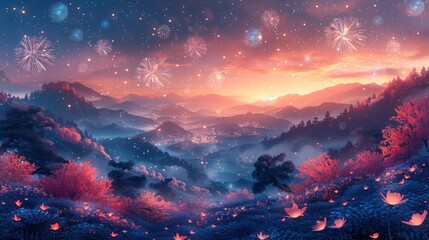 Fototapeta premium Fireworks Over Mountain Range at Dusk