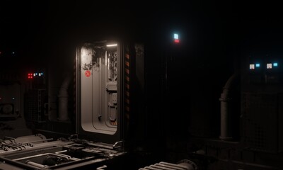 Door in the middle of the hall 3d rendering architecture and science fiction wallpaper background