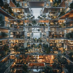 A diverse community living and working in a vertical city with green spaces and public areas, emphasizing the company's focus on creating livable spaces.