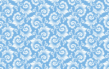 Floral pattern. Vintage wallpaper in the Baroque style. Seamless vector background. White and blue ornament for fabric, wallpaper, packaging. Ornate Damask flower ornament