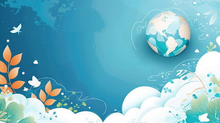 earth, clouds, dove and leaves on blue background with copy space for World ozone day.