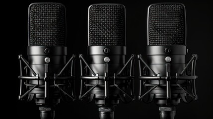 Three Black Microphones on a Dark Background