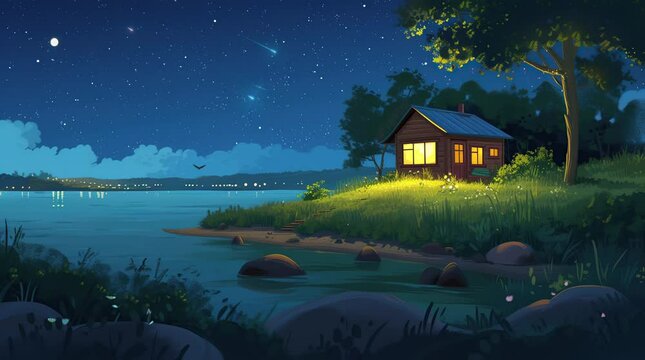 Enchanting house radiating soft light by a tranquil lake in a magical fantasy night scene. Ethereal and serene lakeside rSeamless looping 4k time-lapse virtual video animation background. Generated AI