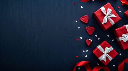Elegant Valentine's Day background with red gift boxes and white ribbons arranged on a dark blue table, showcasing a romantic and festive flat lay design perfect for holiday advertising greeting cards