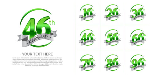 anniversary logotype set vector, green color and silver ribbon for special day celebration