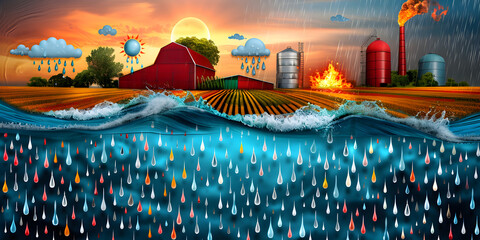 Global Warming Concept with digital icons like water, farm, land, weather, sun, rain, fire, dryness 
