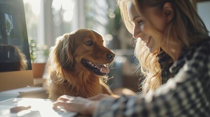 Homeowners Engaged with a Computer While Their Cute Dog Joins, Emphasizing Comfort, Technology, and Companionship in a Modern Household