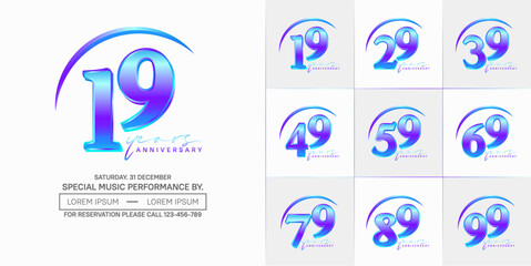 anniversary logotype set vector, blue metallic color with swoosh for special day celebration