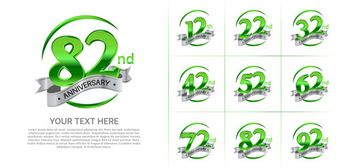 anniversary logotype set vector, green color and silver ribbon for special day celebration