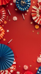 Happy Independence Day USA Banner Mockup with American Flag, Colorful Paper Fans, and Fireworks Rockets on Red Background. Celebrating New Year, National Holiday, Presidents' Day, Labor Day, Election 
