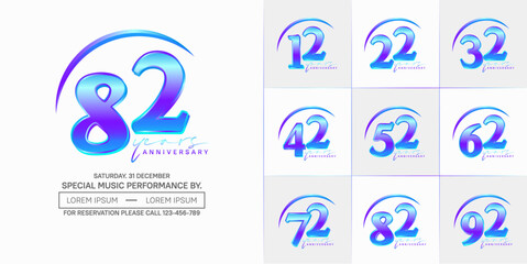 anniversary logotype set vector, blue metallic color with swoosh for special day celebration