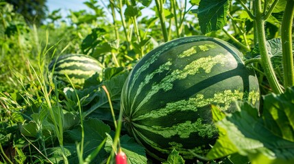 Organic watermelons in the field, close-up on striped green skin, rich color, clear details 