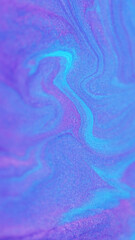 Shiny fluid mix. Sparkling paint. Blur neon purple blue color shimmering sand particles glow ink liquid acrylic dye pigment emulsion spill abstract art background.