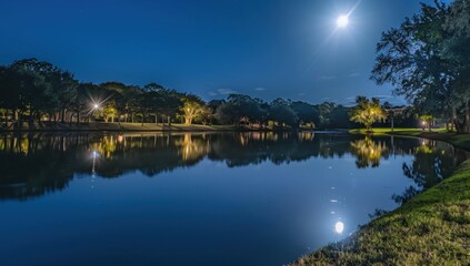 Fototapeta premium A serene lake at night with a full moon reflecting on the water. Generate AI image