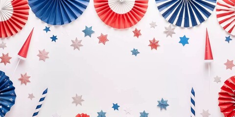 Obraz premium American Federal Holiday Banner Design with American Flag, Colorful Paper Fans, and Fireworks Rockets on White Background. Happy Independence Day, Presidents' Day, Labor Day Concept, Celebrating New Y