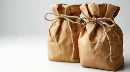  Two brown paper bags tied with twine, sitting on a white background. The bags are unopened, with a visible twine bow on the top.