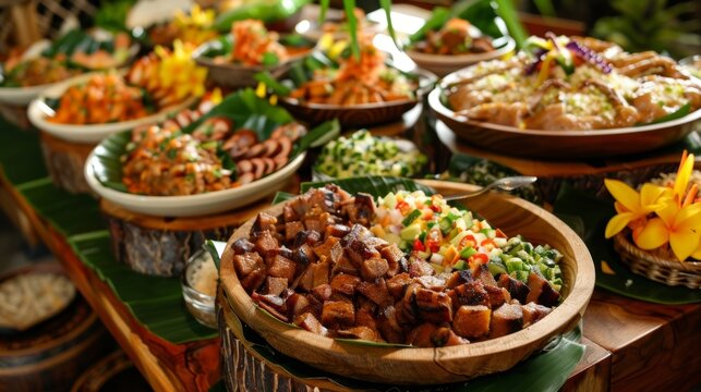 A traditional Hawaiian luaustyle buffet overflowing with dishes such as kalua pig and haupia for a taste of authentic island cuisine.