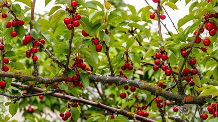 Obraz premium Espaliered cherry tree, close-up on intricate branch patterns, vibrant cherries, clear day 