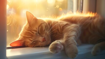 a cute cat is sleeping on a window sill in the sunlight. The cat is curled up with its head on its paws, and its fur is glowing in the sun, capturing a tranquil and warm scene
