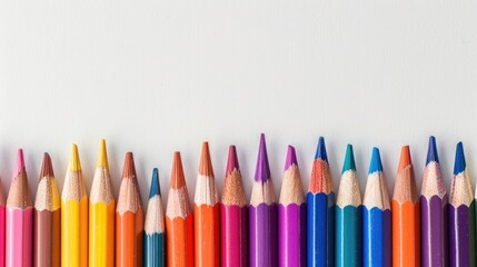 Colorful pencils in a neat row on white background with space for text