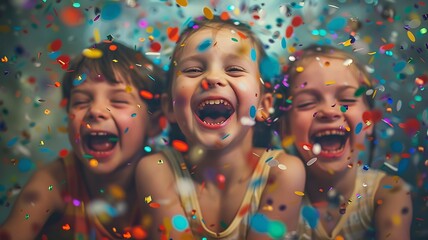 Three happy children in a moment of celebration, their joyful faces lit up, with colorful confetti falling around them