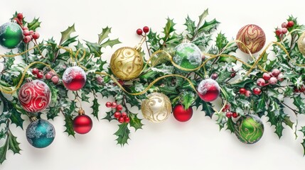 Colorful Christmas arrangement with holly berries glass ornaments gold garland and snow covered tree branch on white background Festive holiday card