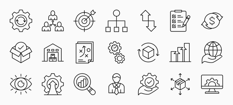 Operation management and business administration icons flat vector illustration icons set isolated on white background. 