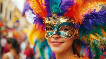 Fototapeta premium a woman with a colorful and elaborate carnival mask adorned with bright feathers, posing against a backdrop of lively carnival floats and cheerful crowds