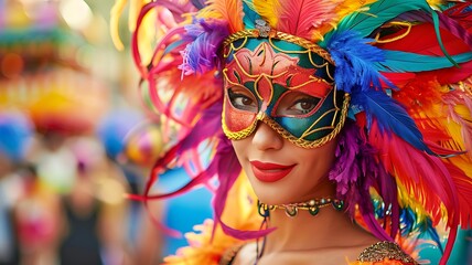 Obraz premium a woman with a colorful and elaborate carnival mask adorned with bright feathers, posing against a backdrop of lively carnival floats and cheerful crowds