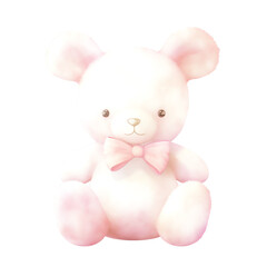 Cute plush teddy bear with a pink bow, perfect for children and playful designs, isolated on a white background.