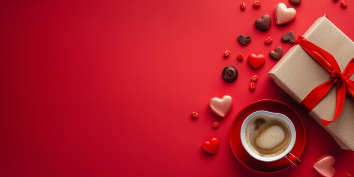 Festive Christmas Red Background with Gift Boxes, Heart-shaped Coffee Cup, Candy, and Flower Gift Bags. Top View, Perfect for Valentine's Day or Any Romantic Occasion. Christmas Card Template, New Yea