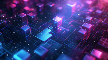 Obraz premium Vertical AI illustration of an abstract background featuring blue and purple lights, creating an illusion of floating in space surrounded by glowing cubes. Designed to showcase futuristic technology 