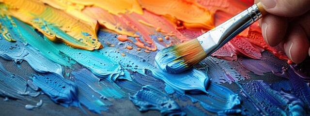 Fototapeta premium A hand holding a paintbrush, dipping it into a vibrant palette of colors, symbolizing the creative process of illustration.