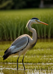 Fototapeta premium Herons feeding in rice fields. Generative AI