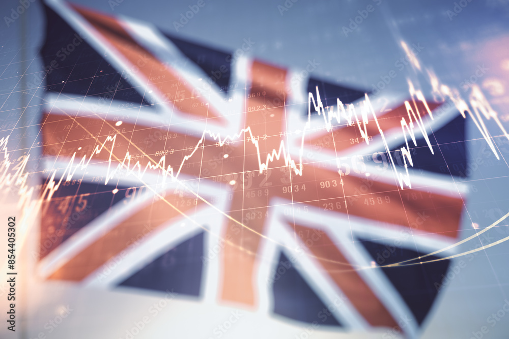 Poster multi exposure of virtual abstract financial graph interface on british flag and sunset sky backgrou