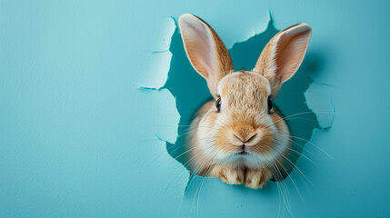 Obraz premium A little bunny is peeking out of a hole on a blue background.