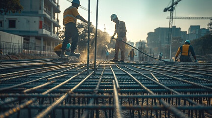 Naklejka premium Construction Workers Reinforcing Steel at Building Site 