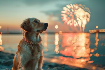 Cute Puppy Watching 4th of July Fireworks on Beach with Ocean Reflection - Summer Vacation Memory with Beloved Pet Animal