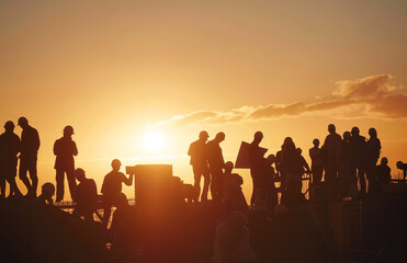 Fototapeta premium Construction Workers on High-rise Project at Sunset 