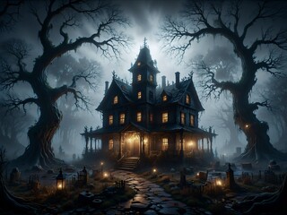 halloween night scene with castle