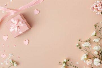 Charming Valentine's Day background with pink gift box and white flowers on a beige table, perfect for romantic holiday promotions and greeting card designs with ample text space.