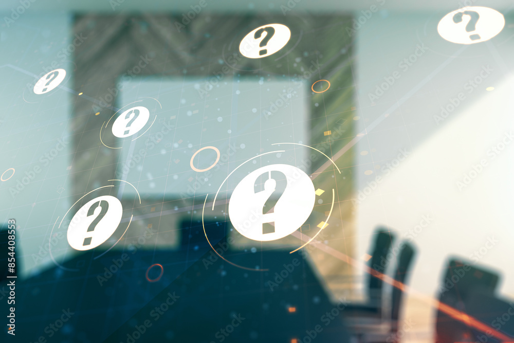 Aufkleber abstract virtual question mark illustration on a modern conference room background. faq and search c